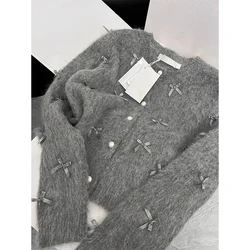 Grey Bow Sweater Women 2024 Autumn Winter French Temperament High Grade Soft Glutinous Mohair Knitted Cardigan Fragrant Coat