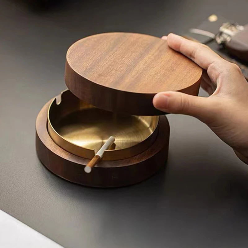 Walnut Wood Ashtrays With Lid Covered Windproof Ashtray Stainless Steel Liner Indoor Outdoor Ash Tray For Home