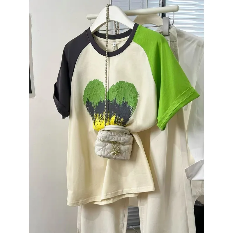 Peach Heart Green Round Neck Chic Short Sleeve T-shirt 2025 Summer New Casual Niche Color-blocking Korean Style Top