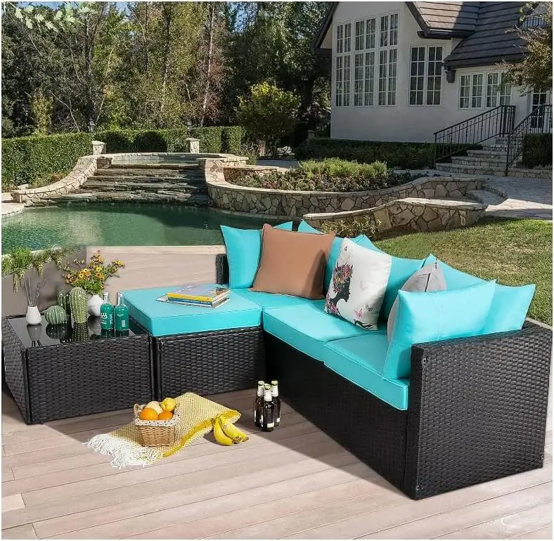 5 Pieces Patio Furniture Sets, Outdoor Sectional Sofa, All Weather Rattan Wicker Couch with Glass Table