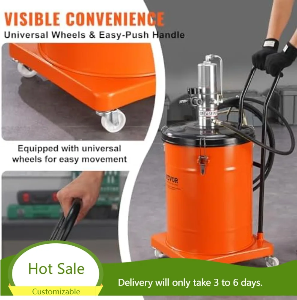 10.5Gal 40L Air Grease Pump, 13ft Hose, Grease Gun, 740g/min, 60MPa, Portable Lubrication