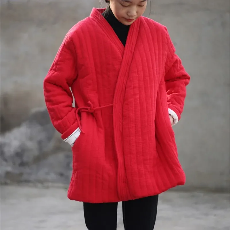 Cintura cinese da donna Parka con scollo a v manica lunga più cappotto di cotone abbigliamento tinta unita 2024 inverno Vintage