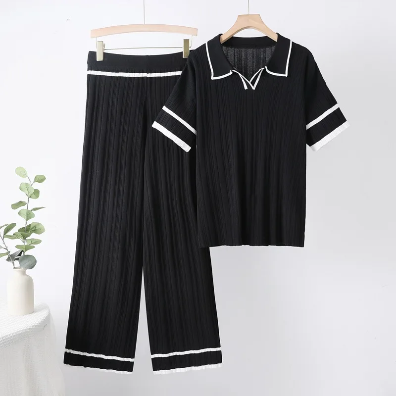 

Women Summer POLO Collar Short Sleeved Top and High Waisted Wide Leg Pants Casual Contrast Color Loose Knit Two-piece Set