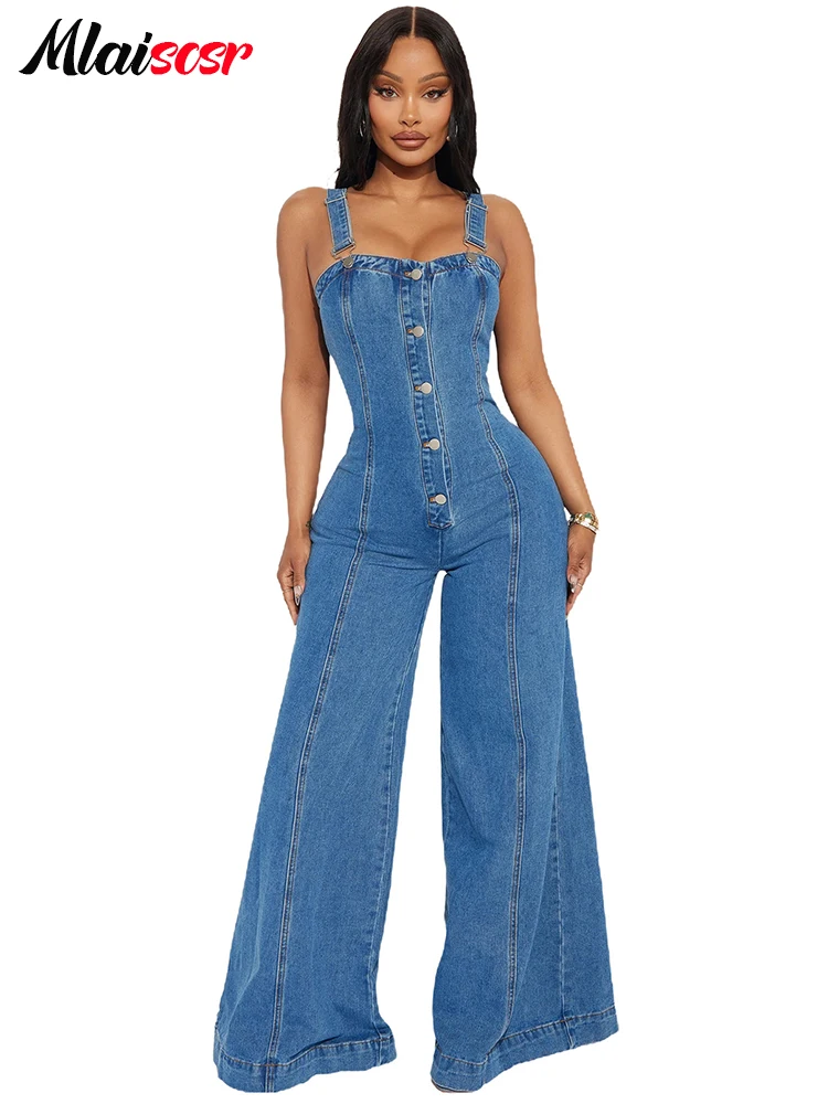 Mcaiscsr jumpsuit jins pakaian jalanan, jumpsuit Jeans untuk wanita tanpa lengan kancing, celana kaki lebar, baju monyet Denim satu potong baru