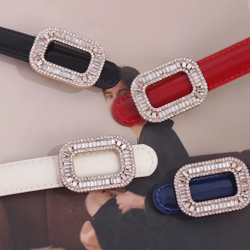 

Women Rhinestone Belt Skinny Waist Belts for Dress Thin Waist Belt with Gold Buckle for Jeans Pants Genuine Leather Waistband