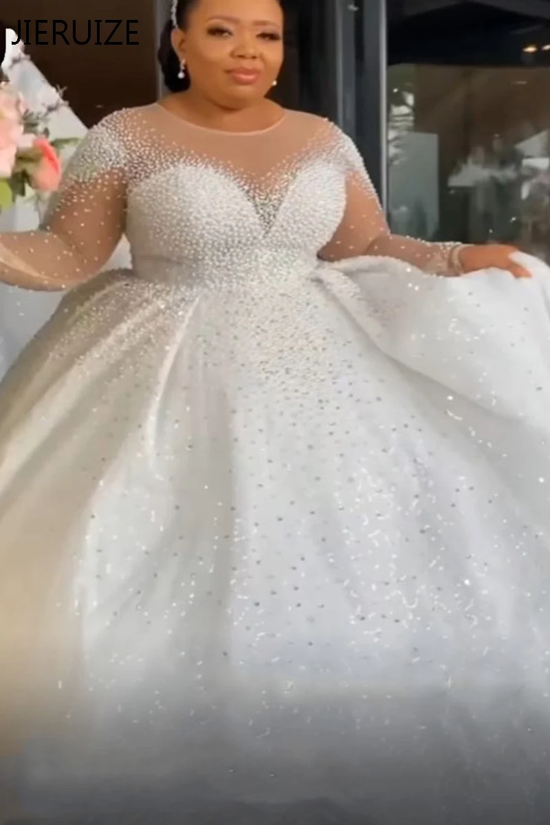 2023 Plus Size Perlen Luxus Brautkleider Langarm Brautkleider schnüren Rücken Vestidos de Noiva