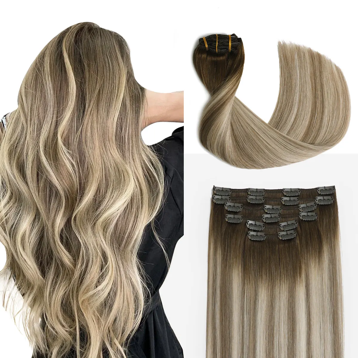 Sindra  Clip in Hair Extensions Straight Hair Extensions Darker Brown to Ash Brown and Blonde Human Hair Extensions(#3/8/22)