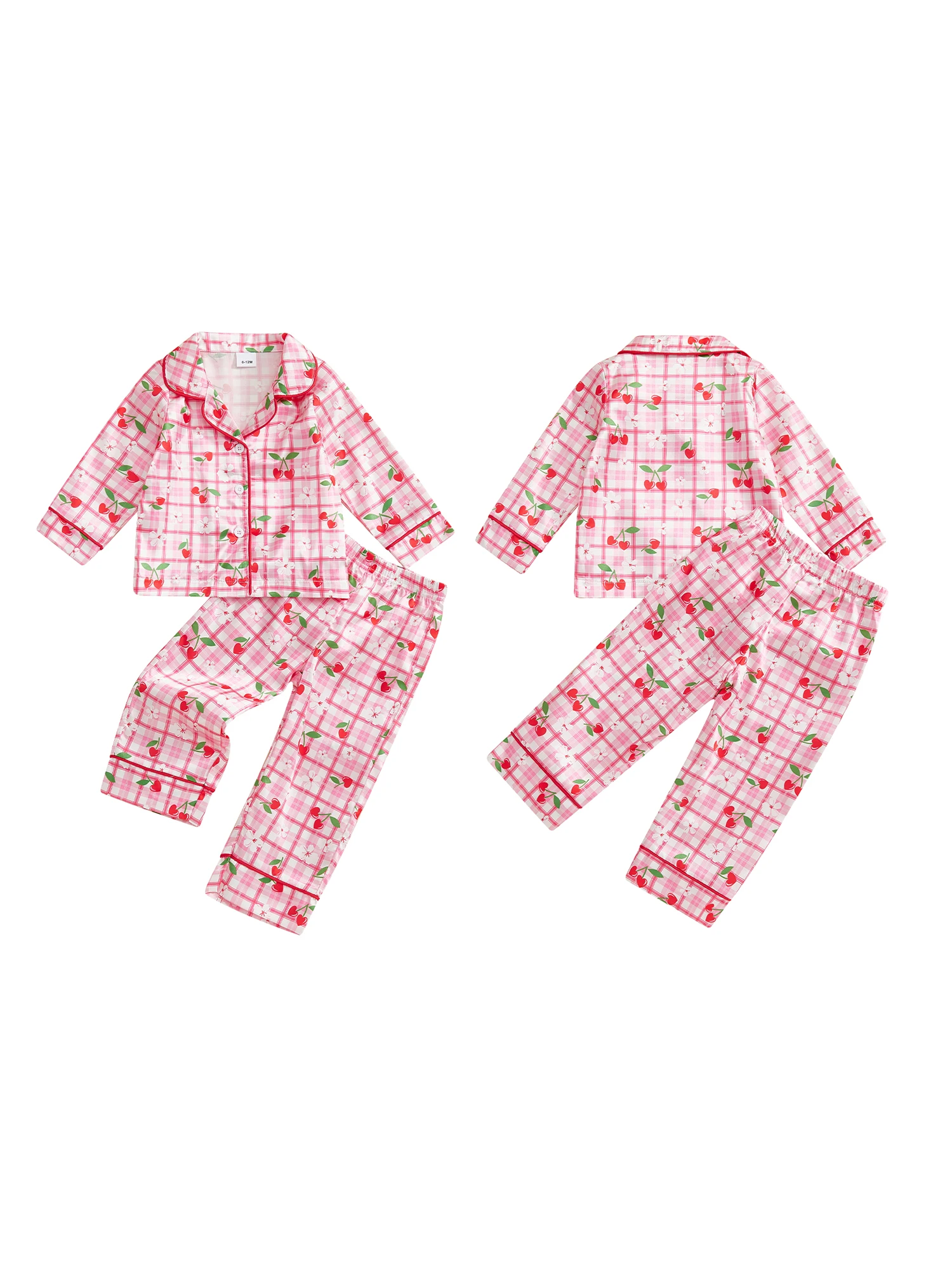 

Toddler Baby Girl Fall Pajama Set Flower Bow Cherry Print Button Down Lapel V Neck Long Sleeve Tops and Pants