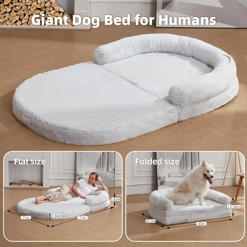 Human Dog Bed - 71''x43''x9.85'' for Humans Size Fits Adult & Large Dogs, Foldable Faux Fur Washable Human Dog Bed for People