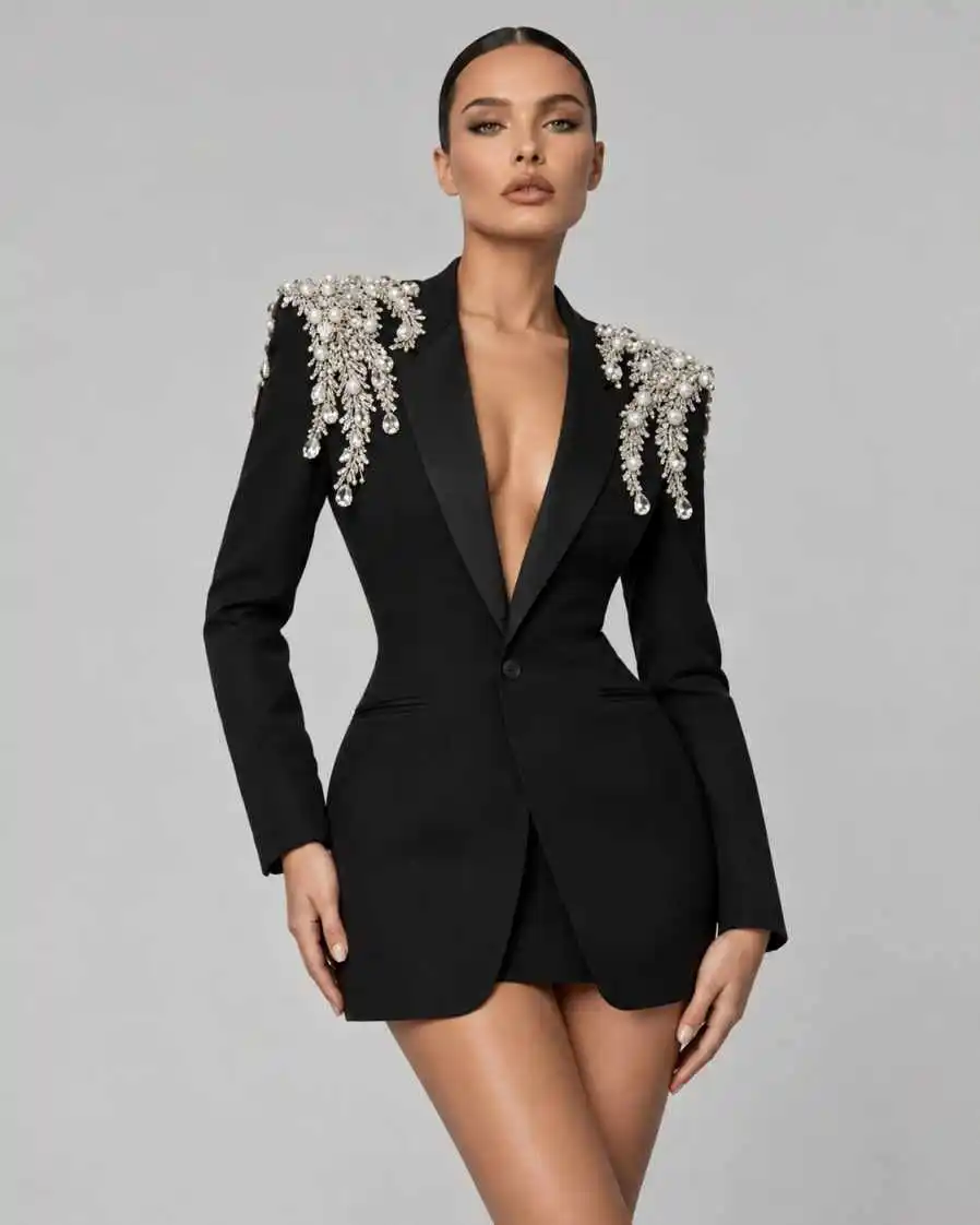 Chic Womens Suit Jacket Shawl Lapel Tassel Rhinestone Beading Single Breasted Long Sleeve Blazer For Wedding Banquet Customized
