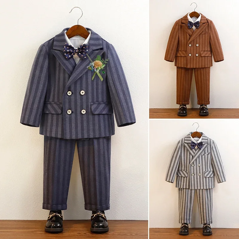 

Children Birthday Blazers Set Spring Gentleman Striped Wedding Suits for Boys 1-12 Years School Kids Piano Performance Costume