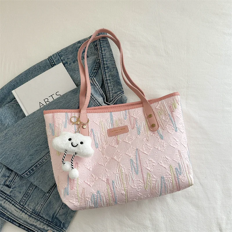 حقيبة ذات سعة كبيرة للتنقل في الترفيه للنساء، حقيبة كتف عصرية جديدة لطلاب الجامعات، حقائب يد مطرزة مخططة #4