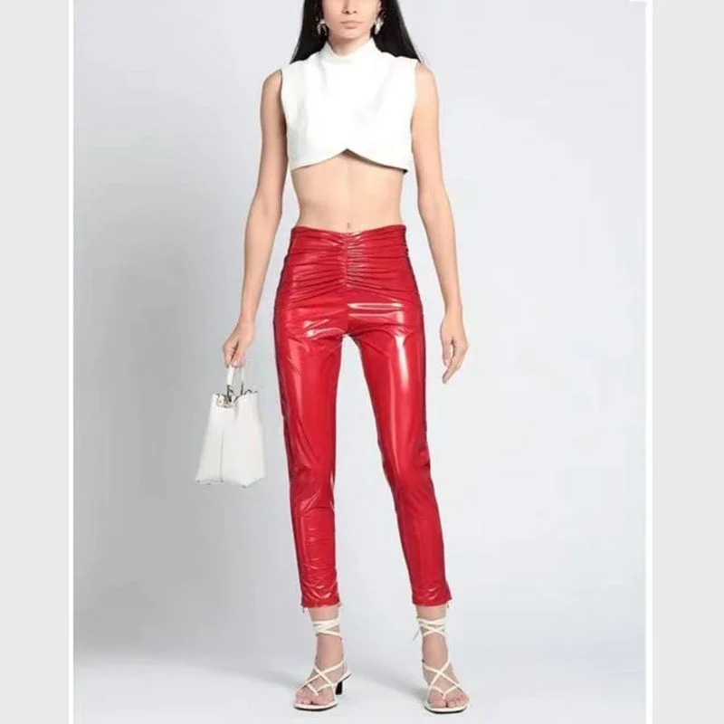 Women Pleated Faux Leather Cropped Pants High Waist Faux Latex Bodycon PU Pants Custom Office Lady Faux Latex Slim Pencil Pants