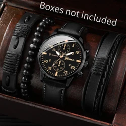 4PCS Men's Business Watches Fashion Leather Band Analog Quartz Watch with Woven Bracelets Set（Without Box）
