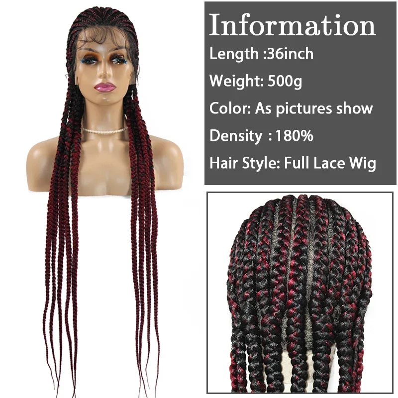 Long Knotless Braid Lace Front Wigs 36 Inch Ombre BUG Synthetic Braided Lace Frontal Wigs for Women 360 Full Lace Box Braids Wig