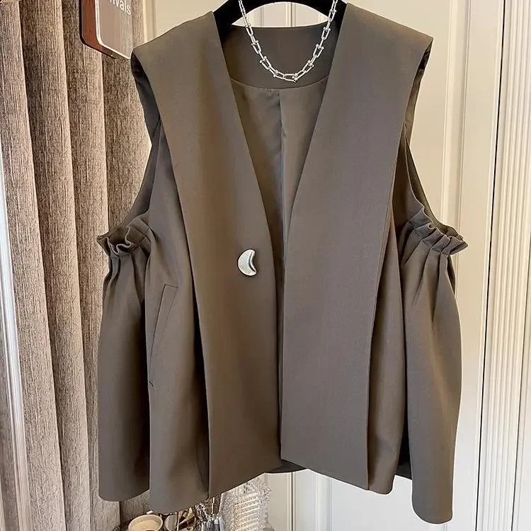 

Black Clothing 2024 Spring Winter New Korean Loose Casual Coffee Jacket Pleated Umbrella Suit Vest Coat Women Top Female G15