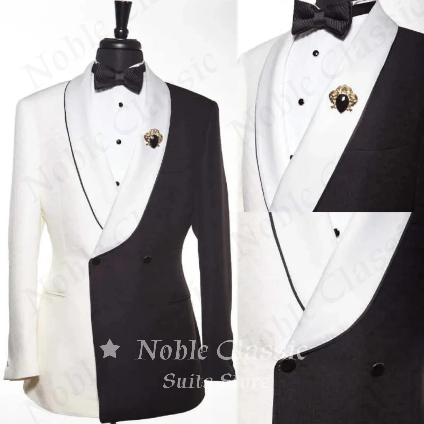 Black White Split Color Tuxedo Blazer Men Shawl Lapel Double Breasted Slim Fit Formal Jacket For Wedding Groom Prom Customized