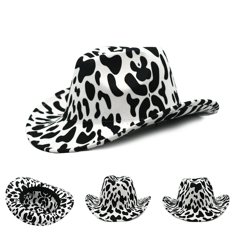 

Women's cowboy jazz hat spring cow pattern roll brim high-top fedora hat outdoor warm men's panama hat western woolen felt hat