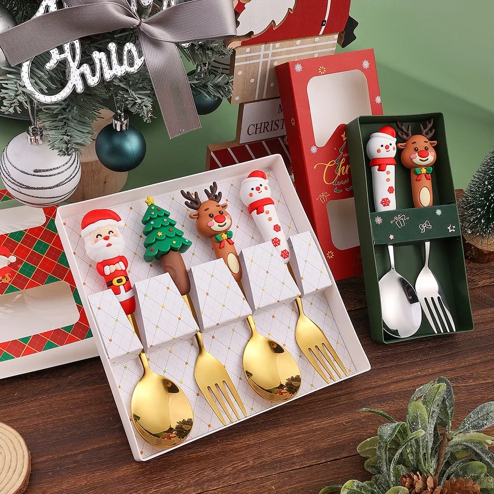 Weihnachts kaffee löffel Gabeln Set (2/4pcs), Edelstahl löffel Gabeln Weihnachts geschenke für Kinder (rot/grün Geschenk box Set)