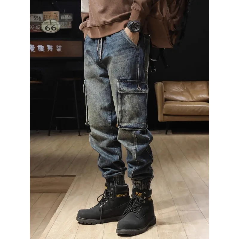 

Spring and autumn new wash vintage cargo jeans men bundle feet loose large size spring and autumn American outdoor casual pants
