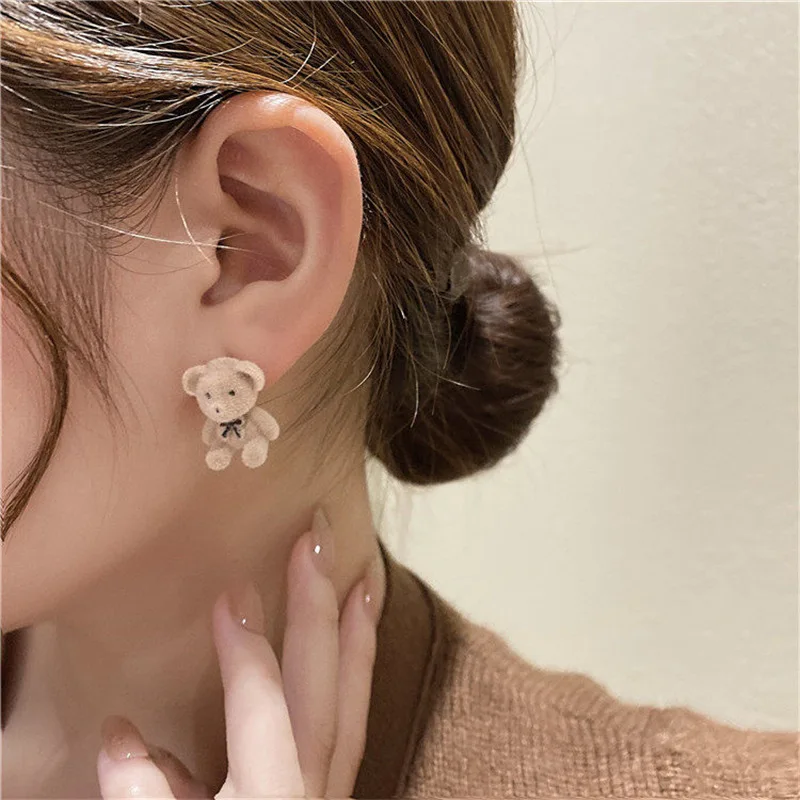 Kawaii Sweet Flocked Bear Animal Stud Earrings Autumn Winter Fashion Jewelry Girls Bithday Gifts