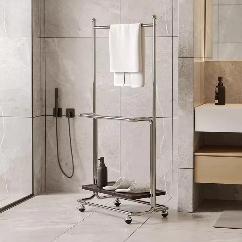 Stainless Steel Mobile Bathroom Rack Multi-Purpose Clothes Organizer Bathroom Towel Storage Stand Modern Bedroom Garment Rack