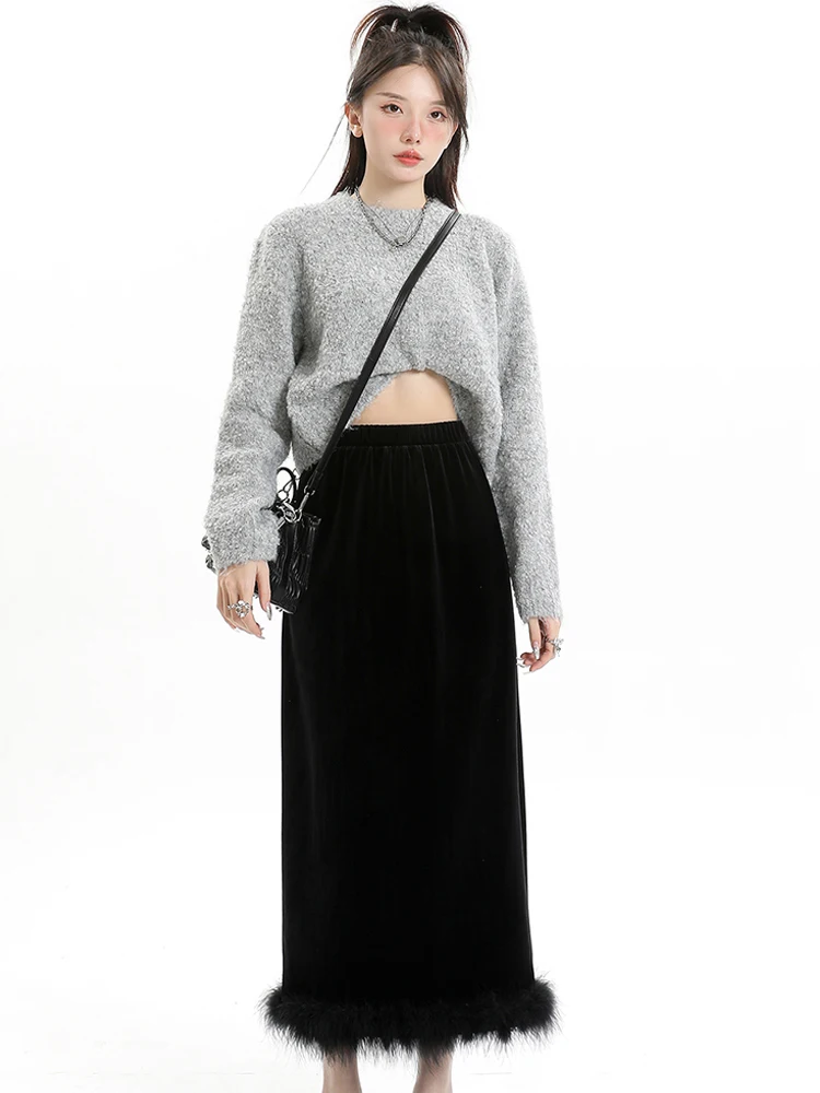 2024 Women Plush Elastic Waist Black Velour Skirt Autumn Winter Advanced Sense Fashion Split Wrap Buttocks A-Line Long Skirt New