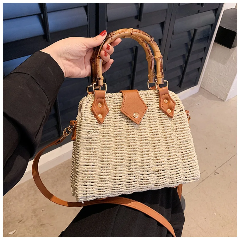 Elegant Vintage Bamboo Handle Rattan Straw Woven Bag Bohemian Crossbody Bag Outing Sling Bag Shoulder Bag