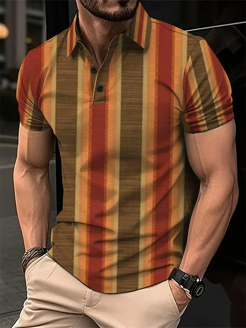 

3D Printing Striped Pattern Men Polo Shirt Summer Casual Short Sleeve Golf Polo Shirt Clothing Men's Button T Shirt Tops