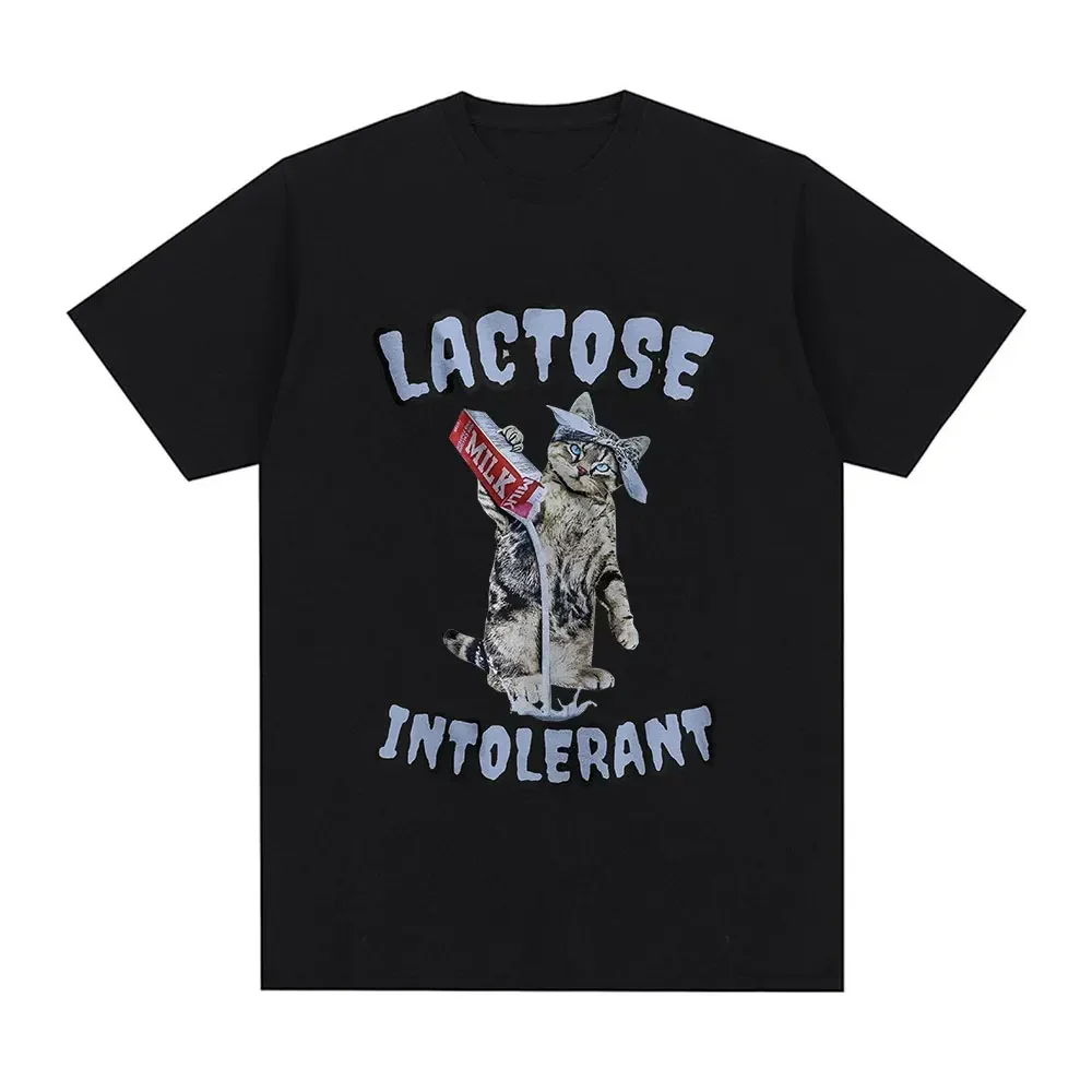 Lactose Tolerant Funny Milk Cat T-Shirt Men's Women Vintage Fashion Short Sleeve T-shirts 100% Cotton Casual Oversized T Shirts