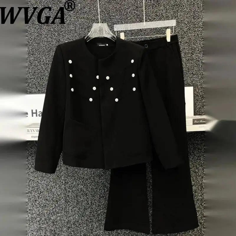 

Мужской костюм-двойка WVGA: Новинка Весна-Осень, высококачественный металлический деконструированный пиджак без воротника и повседневные прямые брюки, модель W23146