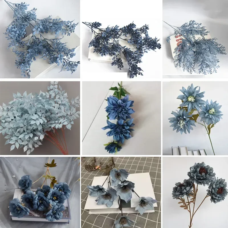 Haze Blue Artificial Eucalyptus Leaf Plants Wedding Floral Arrangements Materials Christmas Party Table Decor Fake Rose Flowers