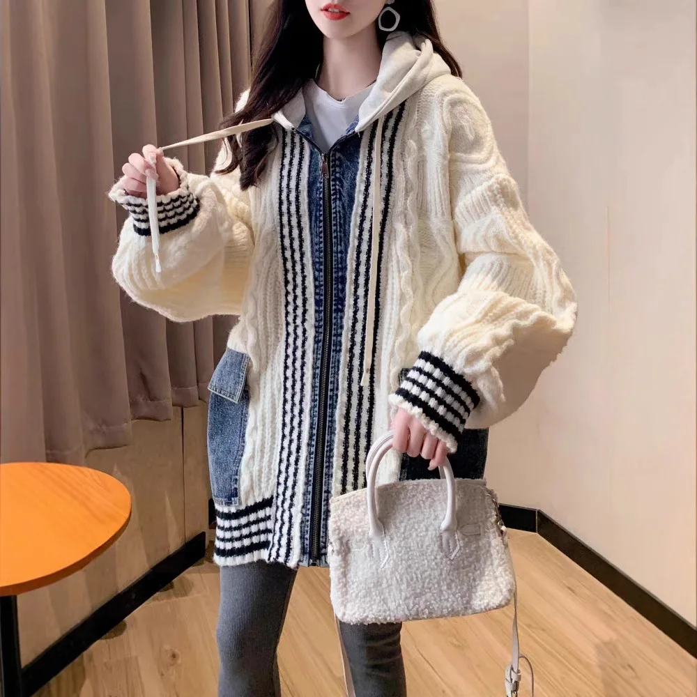 Cardigan feminino com capuz casacos de malha com zíper manga cheia jumpers y2k streetwear elegante malha casual aberto stith outono inverno