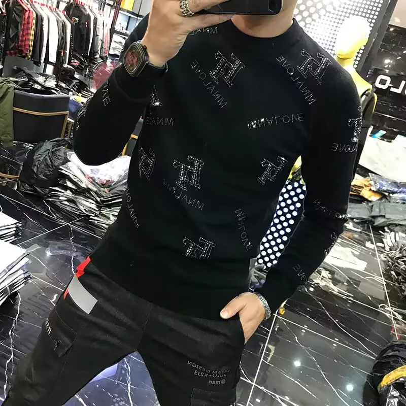 Suéter de malha de strass masculino, pulôver casual, jumper quente, malha, inverno