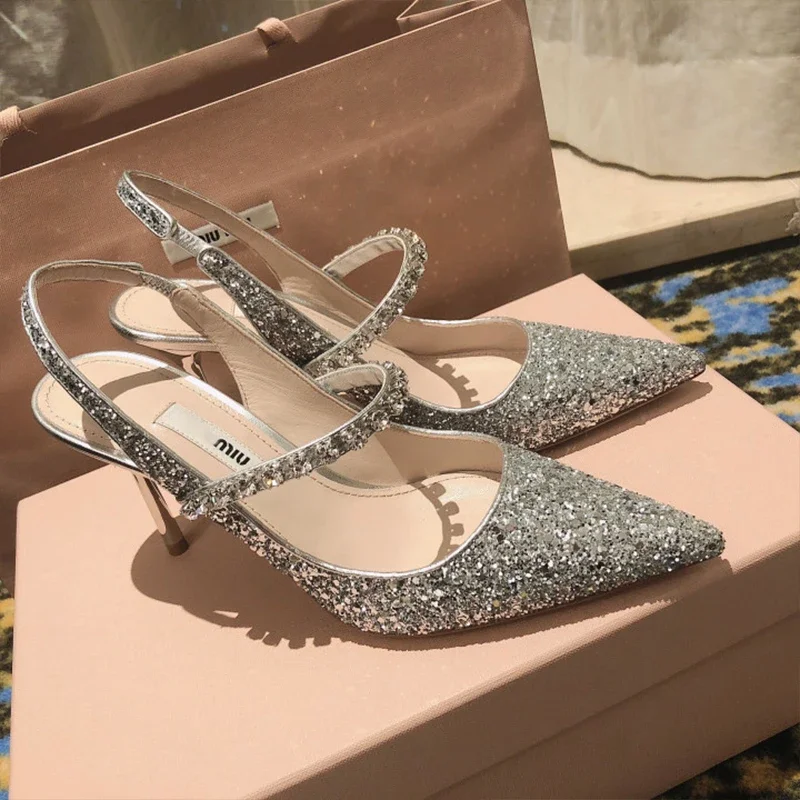 Zapatos De Mujer szpiczasty nosek pojedyncze buty wysokie obcasy damskie Rhinestone Baotou otwarte damskie biurowe buty ślubne buty damskie