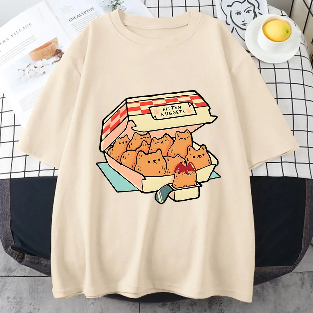 

Kitten Nuggets Happy T Shirts WOMEN Kawaii/cute High Street Tshirts 100% Cotton T-shirts Cat Biscuits Dipping Sauce Short Sleeve