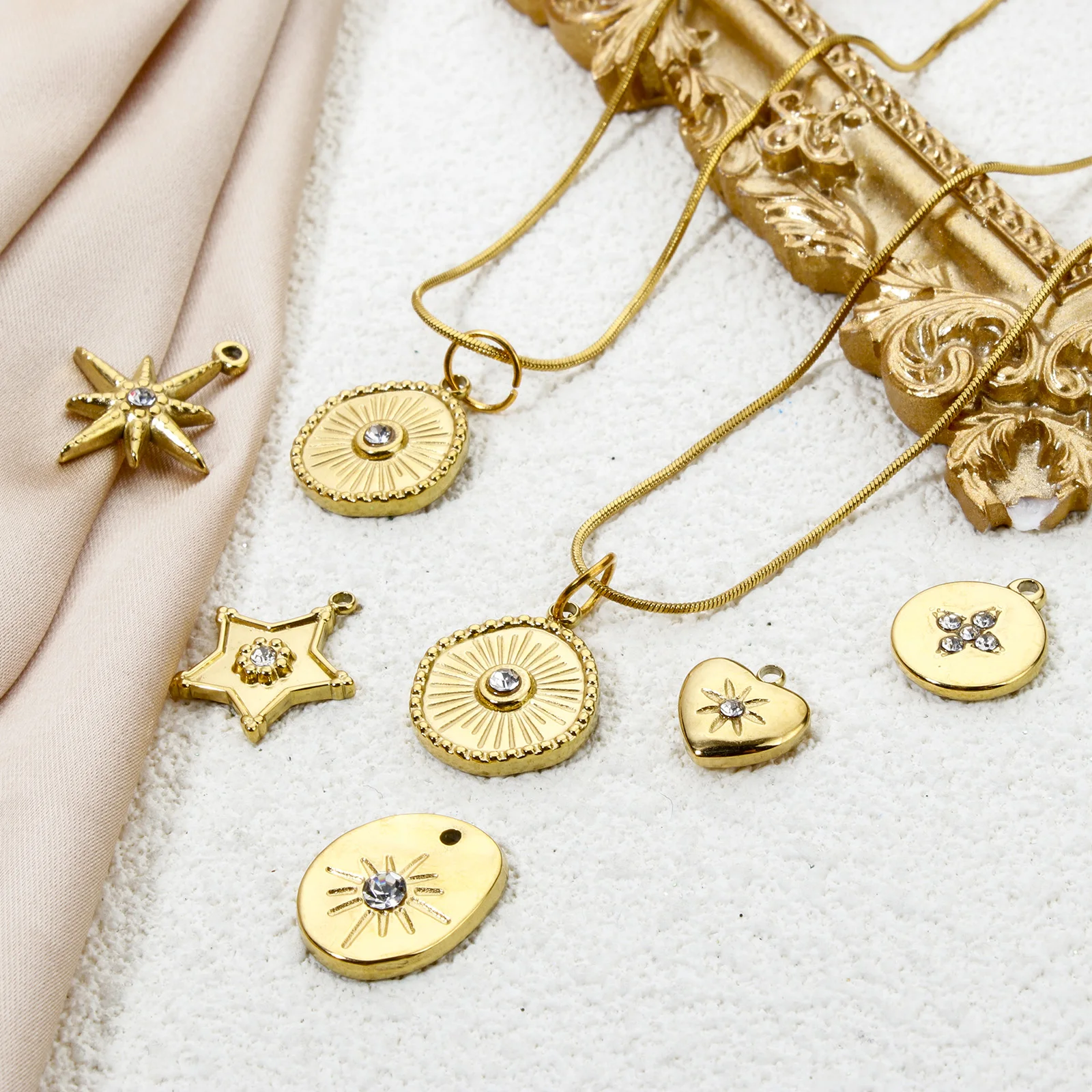 2pcs New Stainless Steel Charms Gold Color Galaxy Star Sun Clear Rhinestone Pendants DIY Jewelry Making Women Necklace Findings