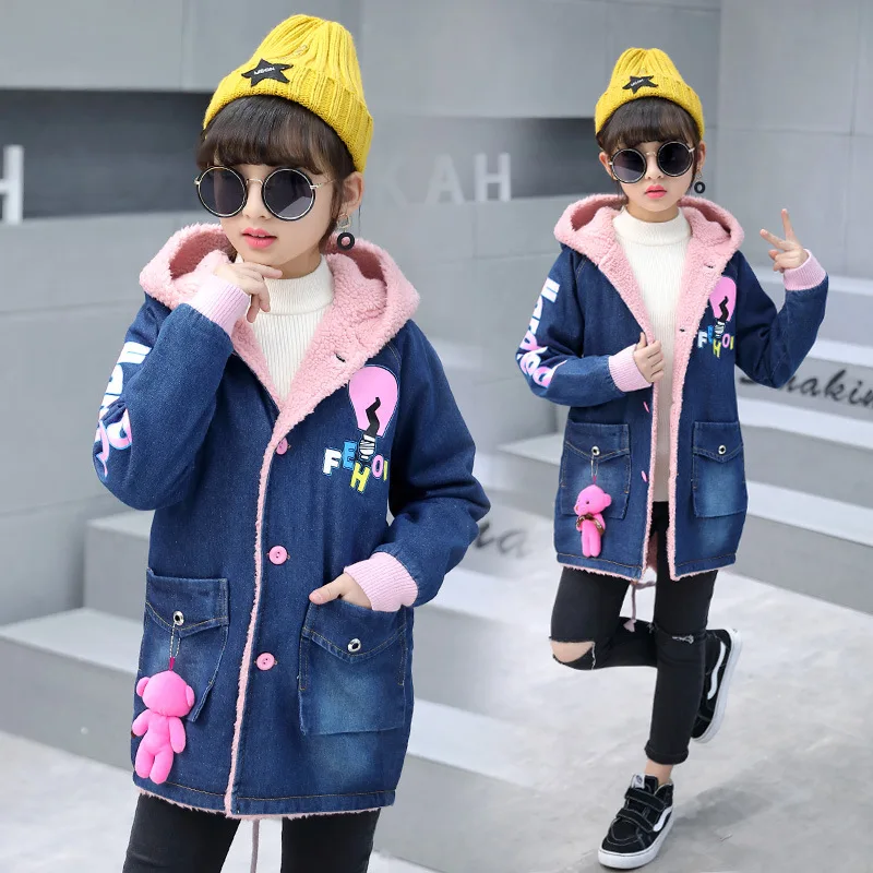 Girls Thick Denim Jacket for Winter New Children Long Clothes Girl Kids Thick Warm Outerwear Coats Denim Cotton Hooded Jacket