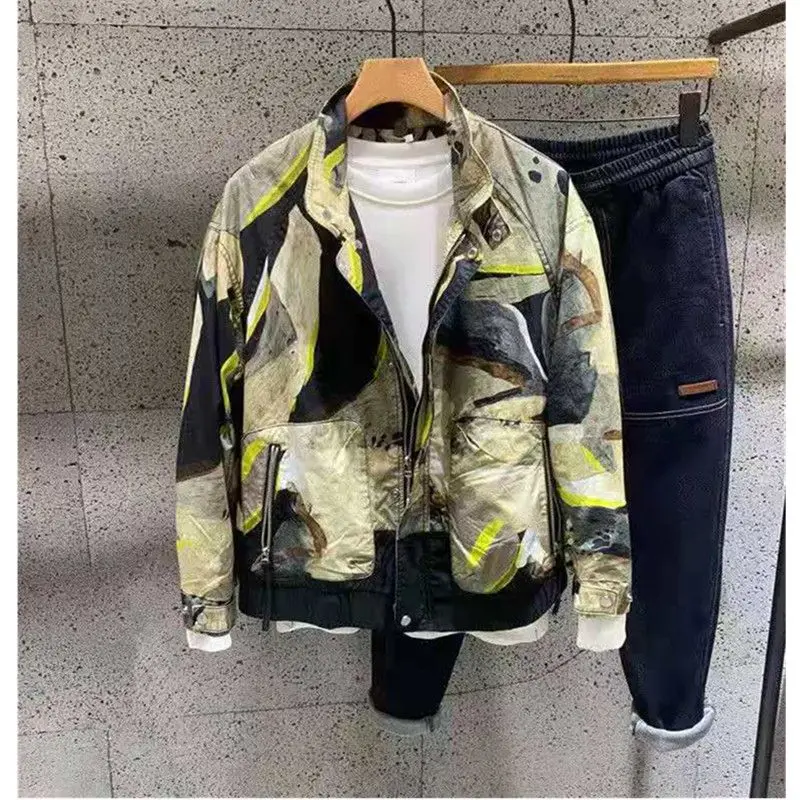 

Модная трендовая Мужская куртка с принтом, повседневная куртка, молодежная Свободная рабочая одежда на весну и осень 2024, топ на молнии с отложным воротником