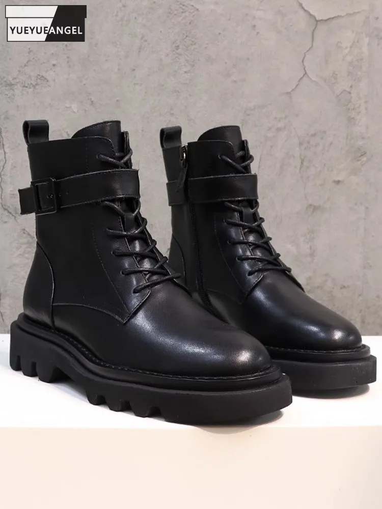 Autumn Women Thick Platform High Top Genuine Leather Shoes Lace Up Buckle Moto Biker Ankle Boots Winter Warm Fleece Lining Boots