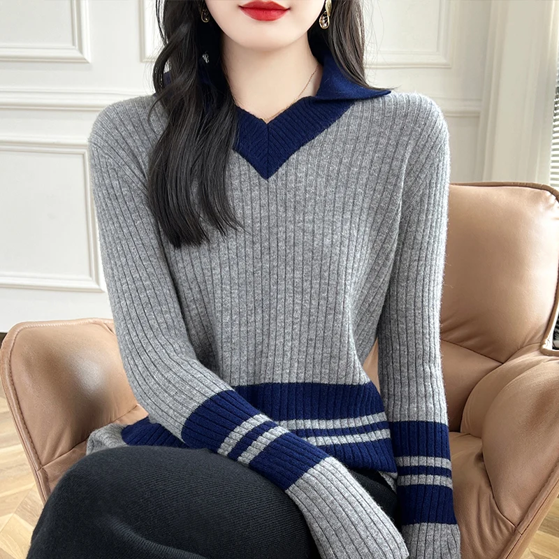 Autumn and Winter Temperament Striped Pure Wool Sweater Women's Long Sleeve Slim-Fit V-Neck Base Sweater All Knitted Pullover