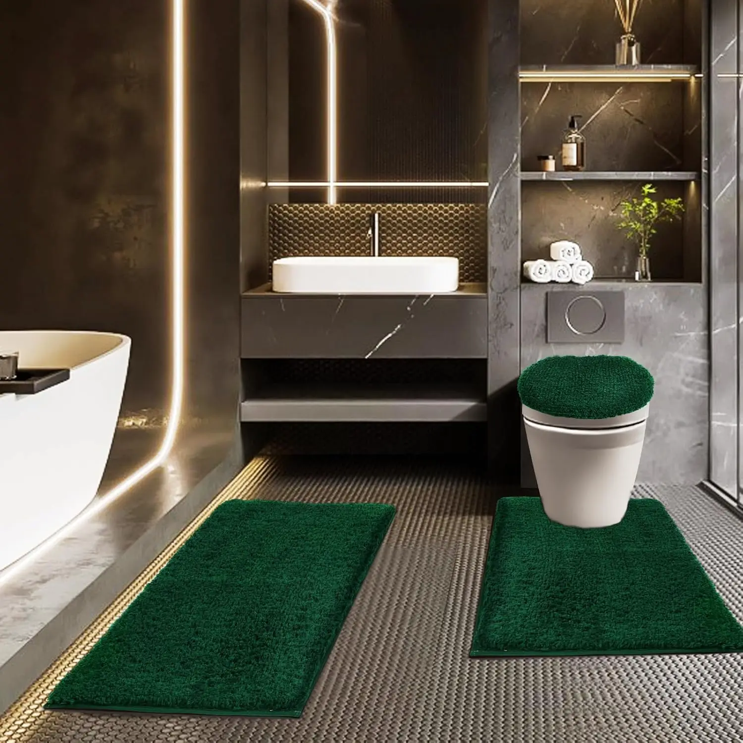 

3-Piece Bathroom Rug Set with Adjustable Toilet Cover, Non-Slip Backing, Machine Washable, Luxury Decoration