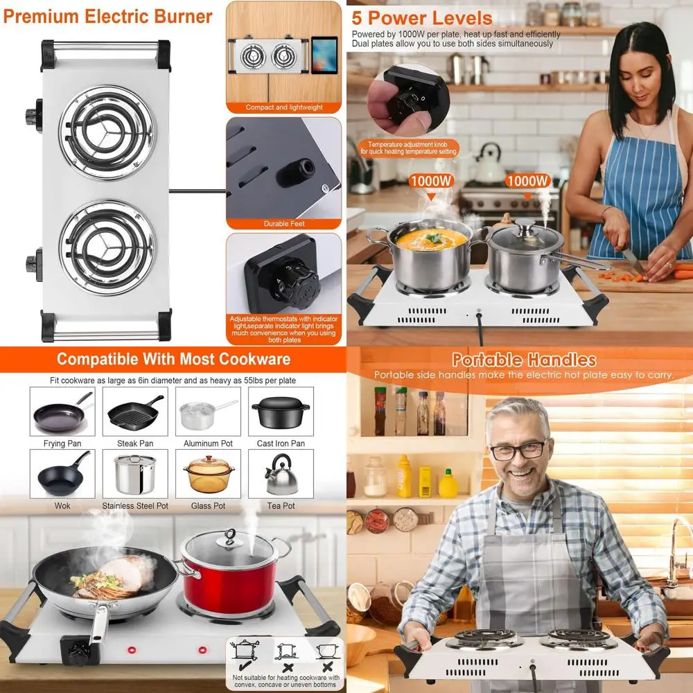 

2000W Double Burner Electric Hot Plate with Adjustable Temperature, Portable Stove for Home, Kitchen, Dorm, and Camping, Black,