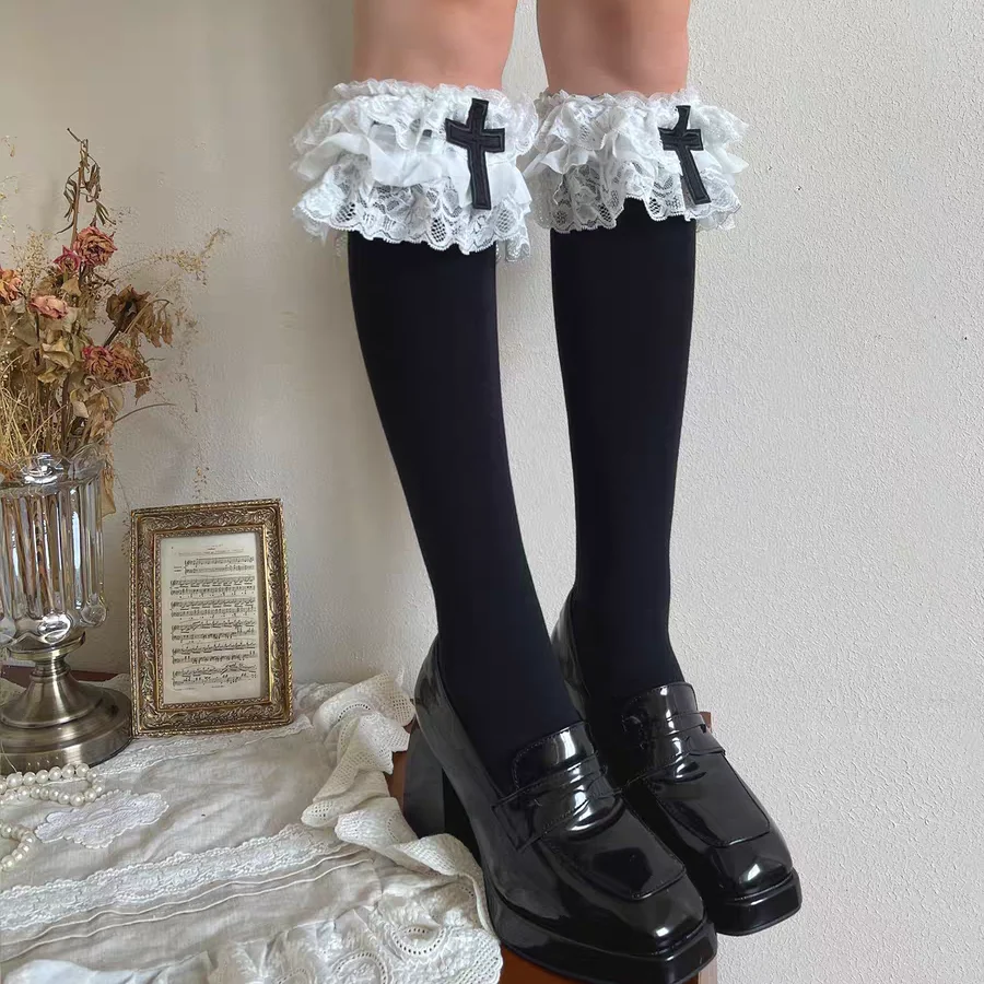 Urocze bawełniane podkolanówki z wielowarstwową koronką, falbanką i krzyżowaniem, skarpetki do połowy łydki w stylu Y2K Lolita JK, damskie skarpetki do mundurka szkolnego.