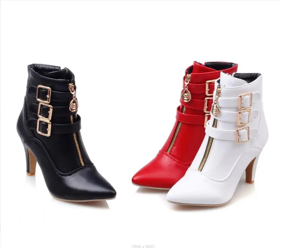 Women fashion Winter Lace Up Zip Sexy Ankle Boots Female Flock Sewing Thin High Heels Pointed Toe Shoes Plus Size Ladies Pumps