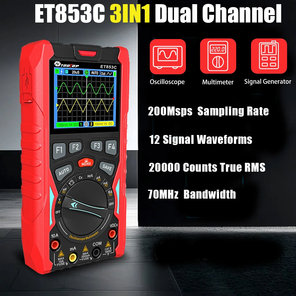 TOOLTOP 3-in-1 Zweikanal-Oszilloskop Multimeter Signalgenerator Typ-C 18650 Lithium-Batterie Automotive-Oszilloskop ET853C