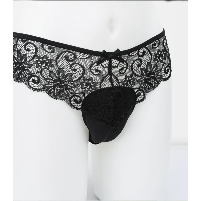 Men Sissy Lingerie Thong Sexy Ultra-Thin Lace Sheer Briefs Camel Toe Underwear Hiding Gaff Panties T-Back Gay Cross-Dresser