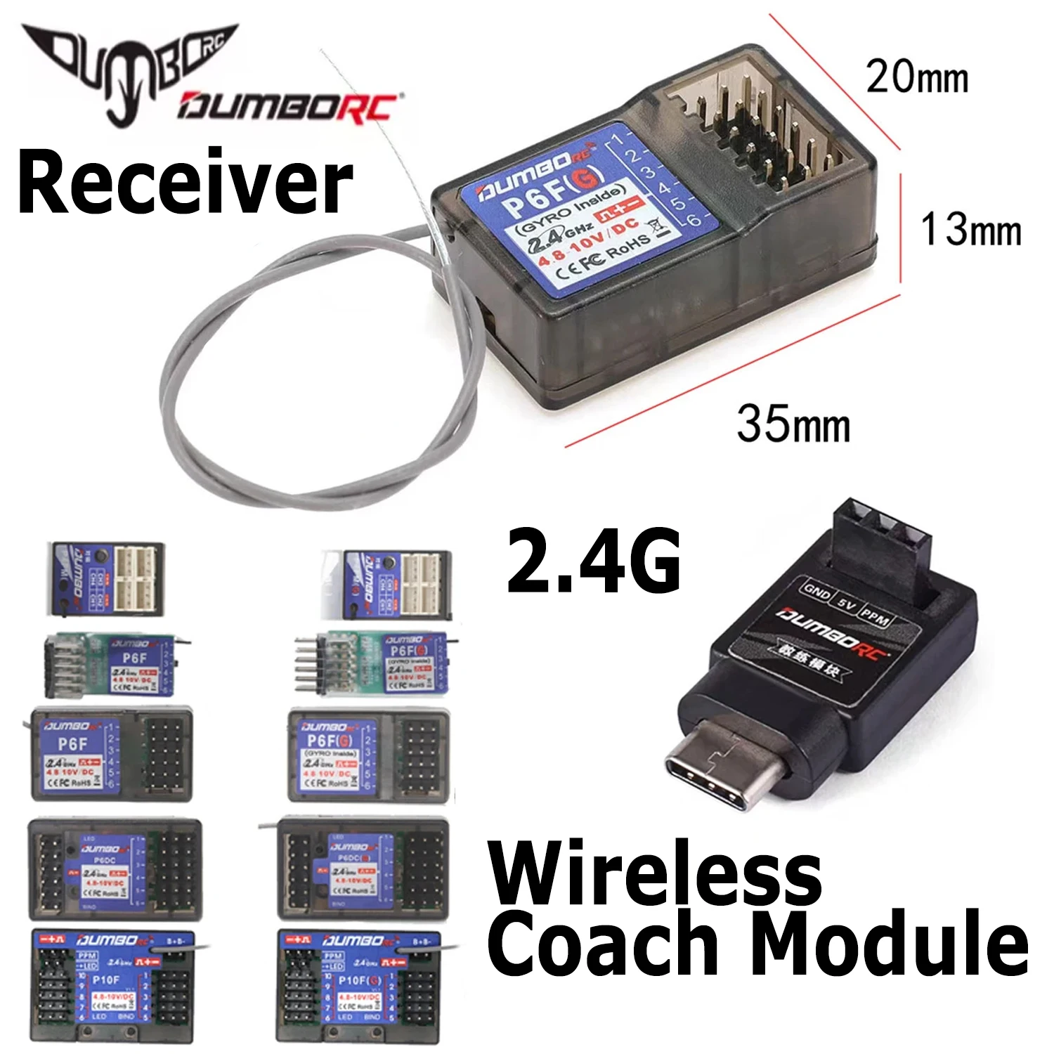 DUMBORC 4/6/10CH Receiver P10FG P6DCG P4FMG P6FP P6FG Mini Coach Module for DDF-350 X4/X6PM/X10P/X6 Remote Control Transmitter