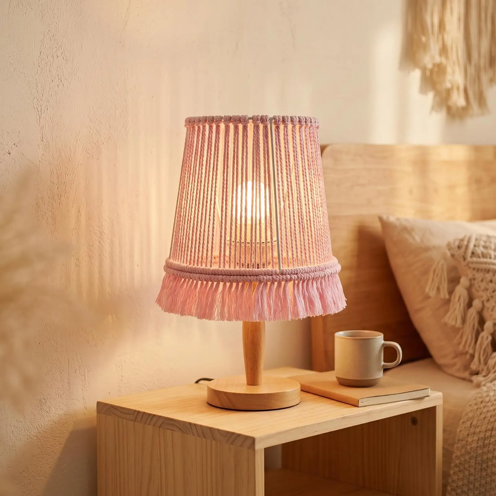 Handmade Cotton Macrame Lamp Shade Openwork Fringe Detail for Pendant Ceiling Light Bohemian Style Cozy Room Warm Ambience Decor