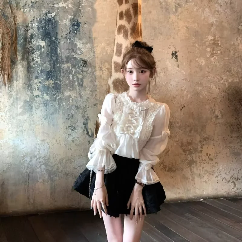 أنيقة الحلو لوليتا نمط البلوزات النساء Kawaii القوس الكشكشة طويلة الأكمام الأميرة قميص Vintage الإناث الكورية بلوزات على الموضة Blusas